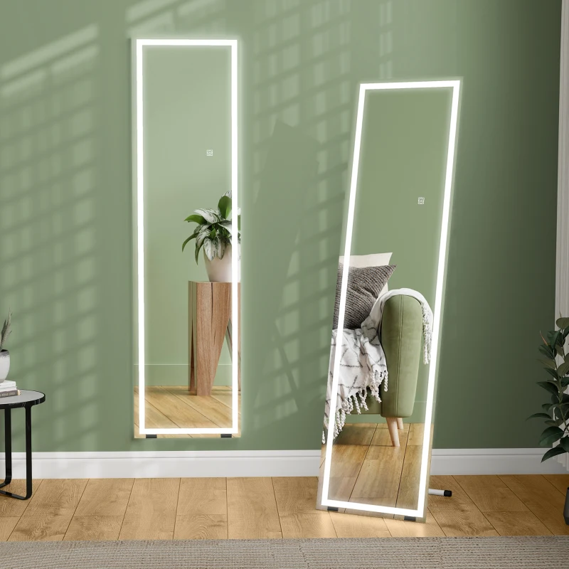 HOMCOM Standing Dressing Mirror with LED Lights, Wall Dressing Mirror for Bedroom with Dimmable and 3 Colour Lighting, White
