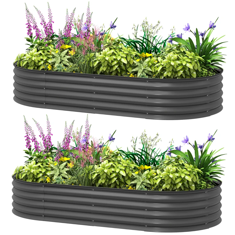 Outsunny Set of Two 181 x 93cm Steel Planters - Dark Grey