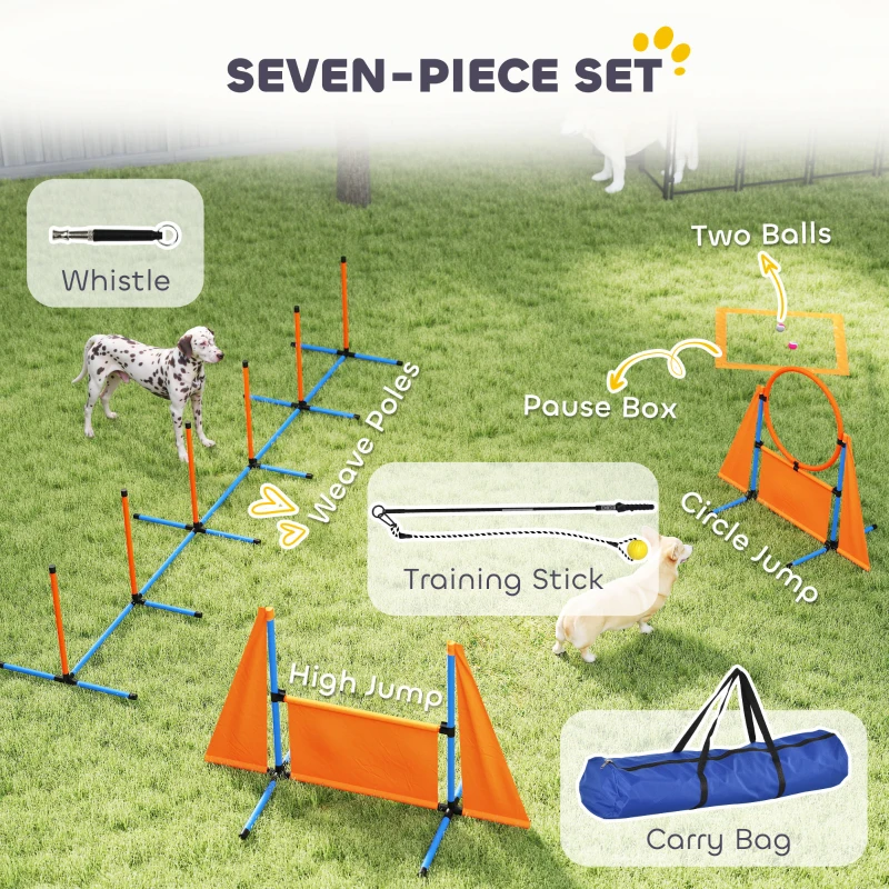 PawHut Seven-Piece Dog Agility Equipment Set with Weave Poles, Jump Ring, Hurdle, Pause Box, Carry Bag, Orange