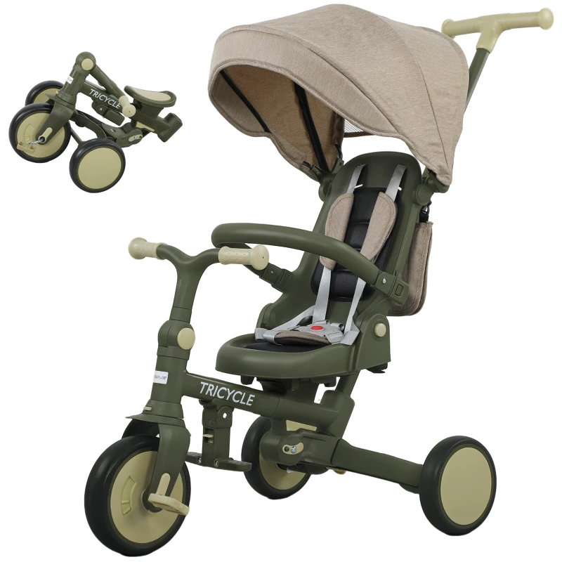 AIYAPLAY 5 in 1 Kids Trike with Adjustable Backrest, Toddler Tricycle with Push Handlebar, Adjustable Backrest, Dark Green