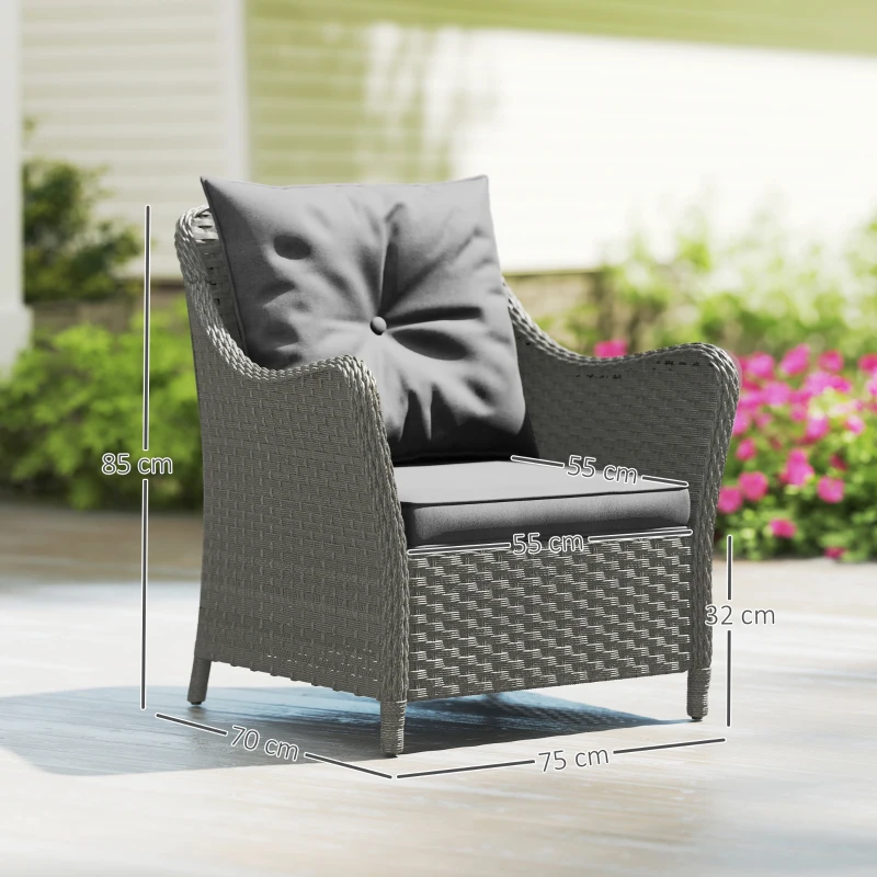 Outsunny Rattan Garden Chairs Set of 2, Outdoor Rattan Chairs with Cushions, Armrests and High Back, PE Wicker Garden Armchair with Steel Frame for Balcony, Porch, Dark Grey