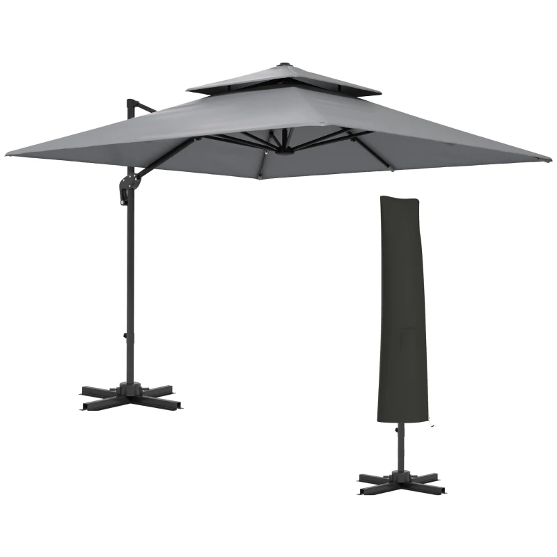 Outsunny 3 x 3(m) Cantilever Parasol with Aluminium Frame, Crank and Tilt, 360-Degree Rotation, Double Top Garden Umbrella with Cover (Only Cross Base), Light Grey