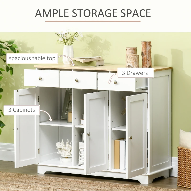 HOMCOM Sideboard with Rubber Wood Top, Modern Storage Cabinet, Kitchen Cupboard with 3 Doors, 3 Drawers and 3 Adjustable Shelves for Dining Room, Living Room, White