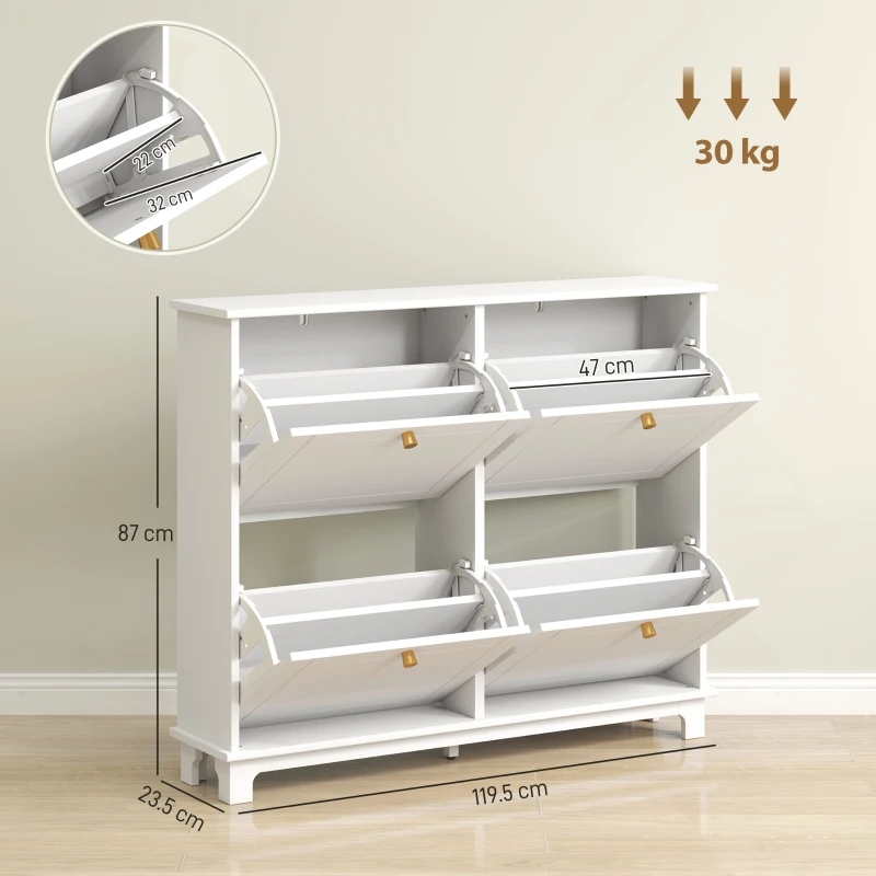HOMCOM Narrow Shoe Storage Cabinet, Slim Shoe Cabinet with 4 Flip Drawers, Adjustable Shelves for 16 Pairs of Shoes, White