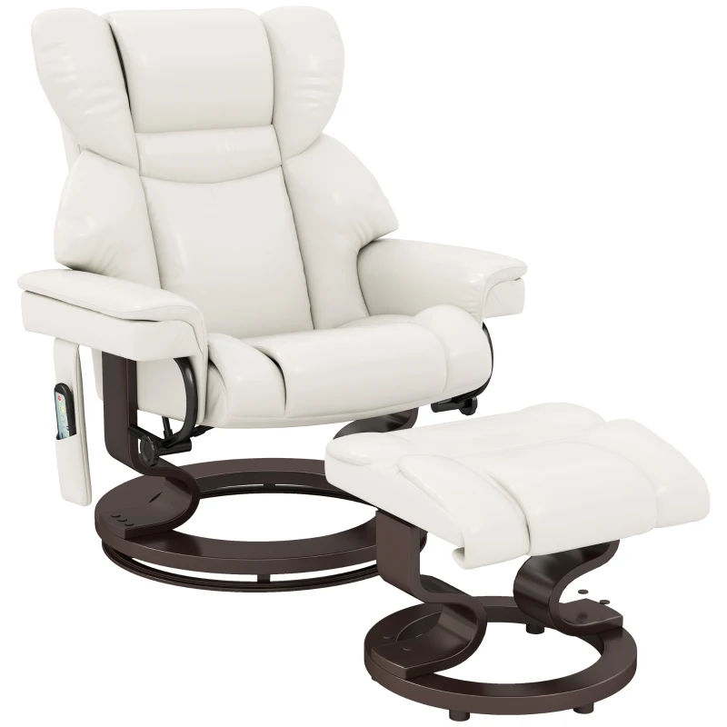 HOMCOM Relaxsessel mit Massagefunktion und Fußhocker, Liegesessel, Kunstleder, 79 x 82 x 101 cm, Cremeweiß(m-11)