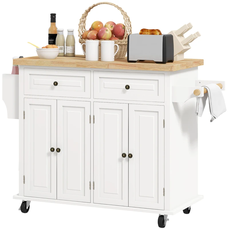 HOMCOM Rolling Kitchen Island Storage Trolley with Rubber Wood Top & Drawers for Dining Room, Cream White