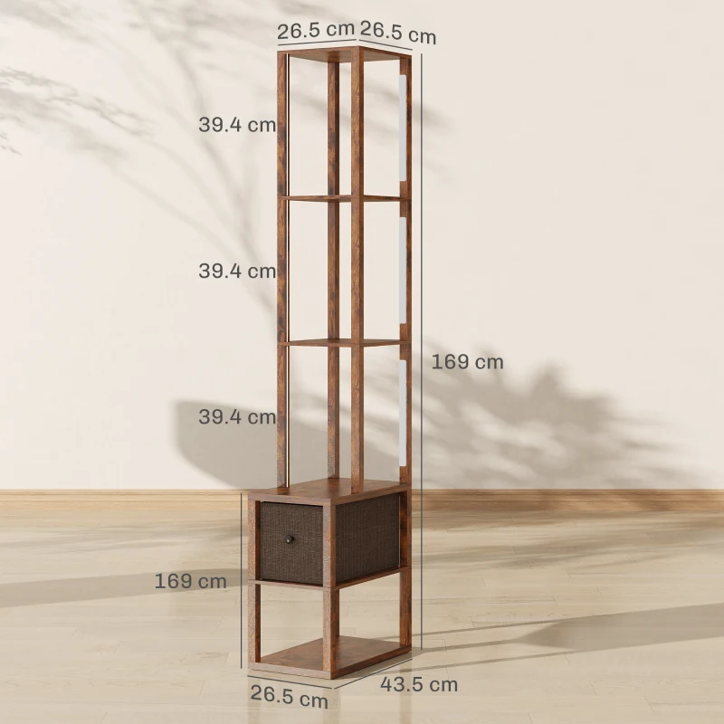 HOMCOM Floor Lamp with Shelves, LED Column Modern Standing Lamp with Fabric Drawer, Adjustable Brightness, Foot Switch for Living Room, Bedroom, Office, Rustic Brown