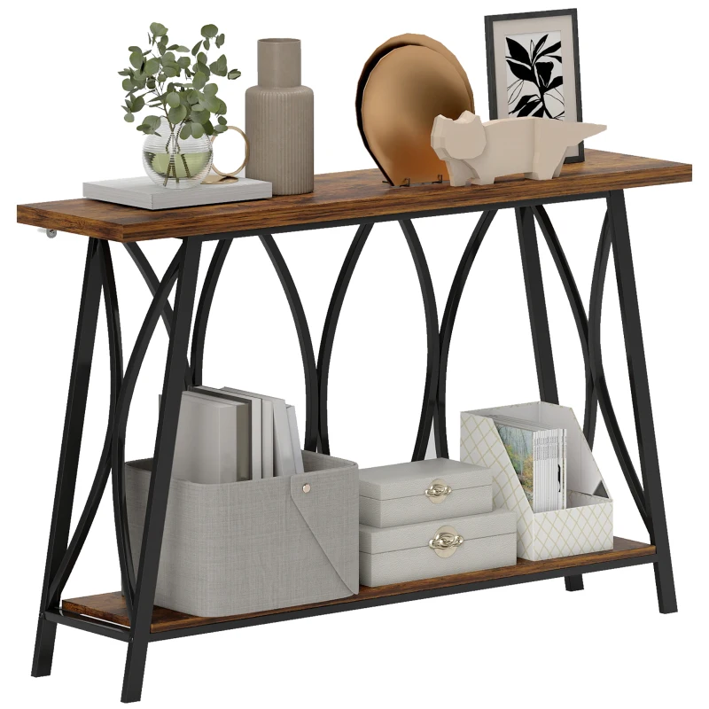 HOMCOM Narrow Console Table, Industrial 2-Tier Sofa Table with Metal Frame for Entryway, Living Room, 120x30x80cm, Rustic Brown
