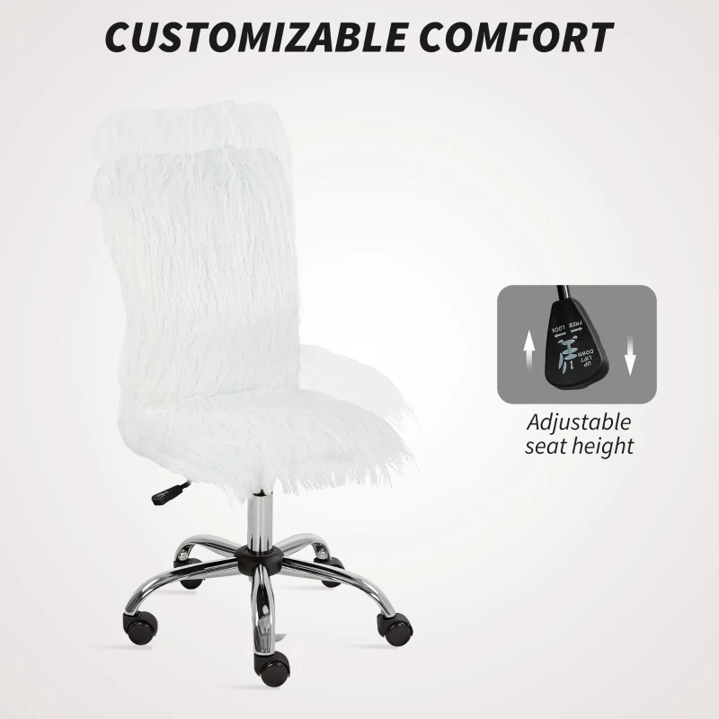 HOMCOM Plush Office Desk Chair, Modern Armless Swivel Vanity Chair with Adjustable Height for Home Office, Bedroom, Living Room, White