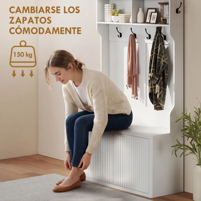 HOMCOM Perchero Zapatero 4 en 1 Perchero Moderno con Estante Abierto para Pasillo Entrada Dormitorio 100x38x172 cm Blanco
