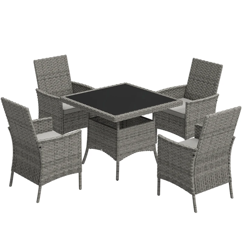 Outsunny Rattan Garden Furniture Set, Outdoor Dining Table and Chairs 4 Seater with Cushions, Square Tempered Glass Top, 4 Armchairs, for Balcony, Terrace, Conservatory, Grey