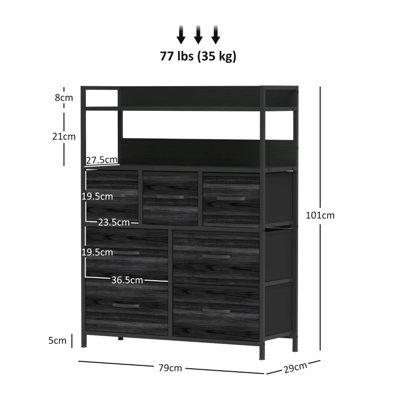 HOMCOM Rustic Chest of Seven Fabric Drawers - Black