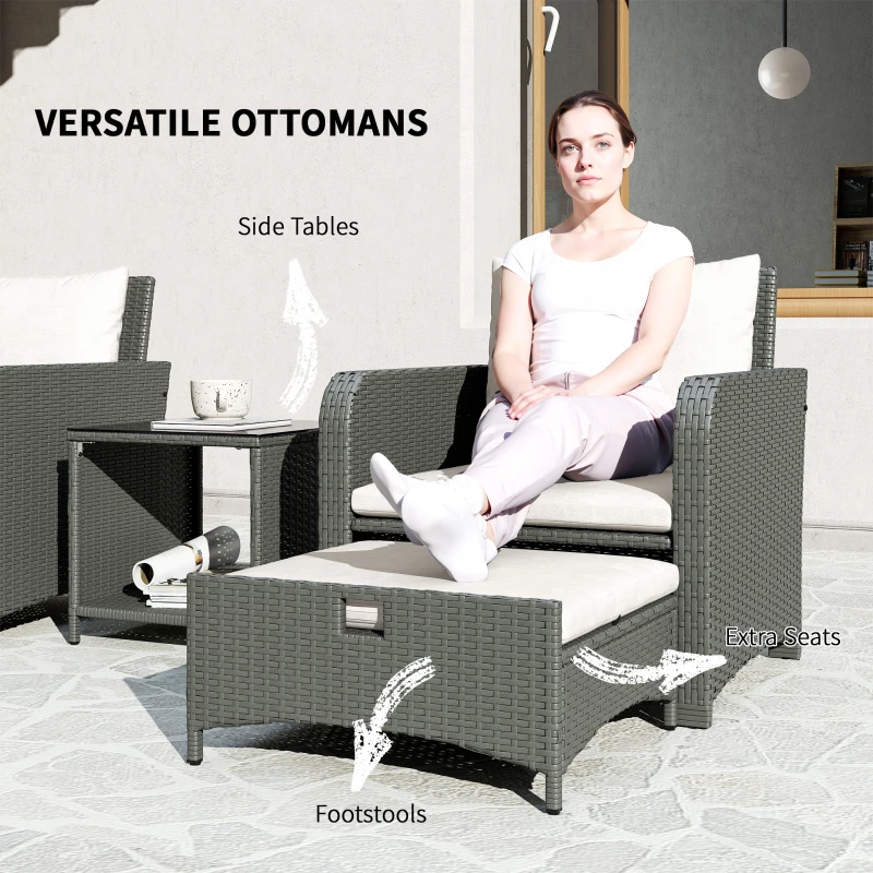Outsunny Five Piece Rattan Garden Furniture Set with 2-Tier Coffee Table and Ottomans  - Cream White