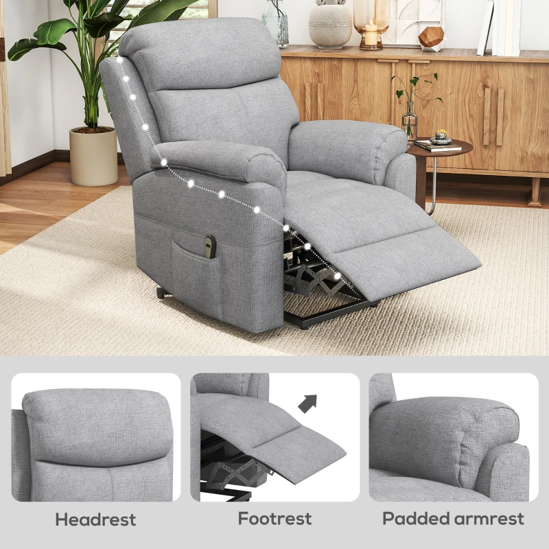 HOMCOM Riser and Recliner Chair with Massage for Elderly, PU Leather Overstuffed Power Lift Chair with Thick Back, Headrest, Removable Armrests, Side Pockets, Lift Armchair for Living Room, Grey