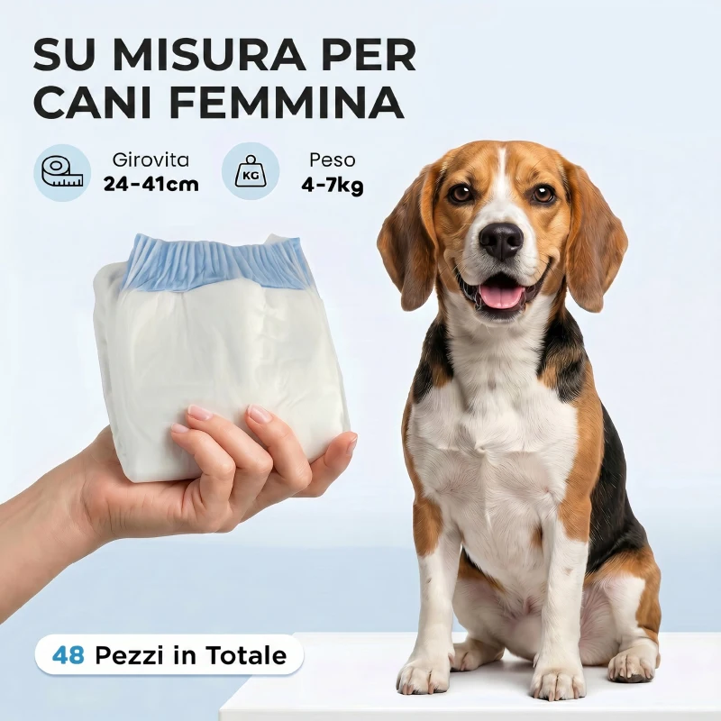 PawHut Pannolini per Cani Femmina, 48 pezzi, Taglia M con Fascia Elastica Regolabile, 48x35x1 cm, Bianco