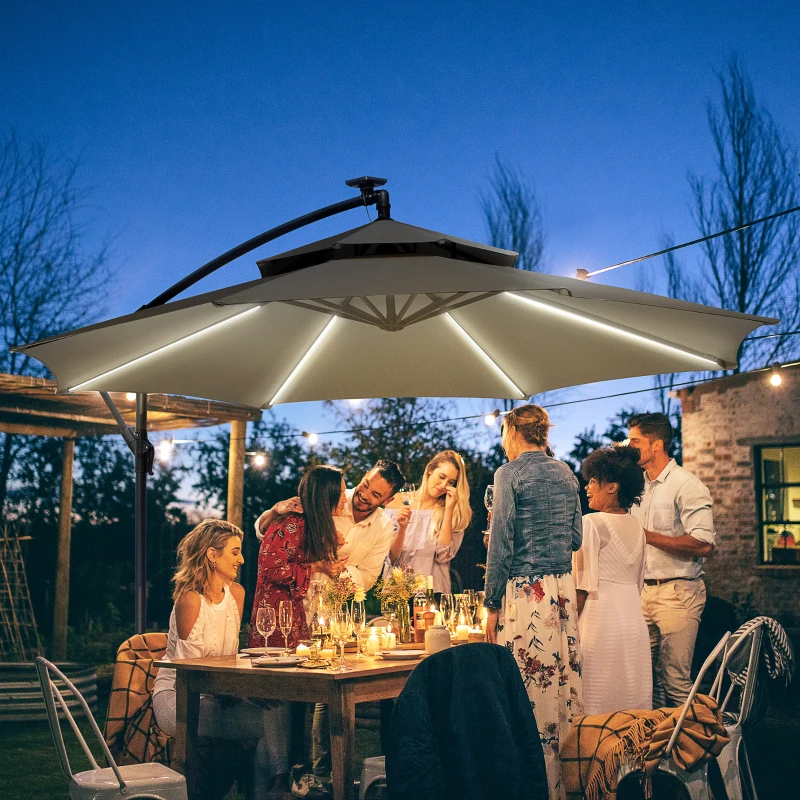 Outsunny 3m LED Light Overhanging Parasol - Light Grey