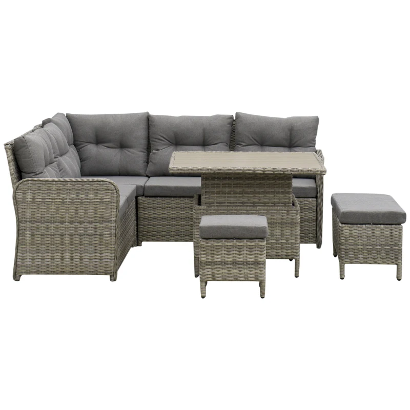 Outsunny 7 Seater Rattan Garden Furniture Set, 6 Piece Patio Dining Set with Liftable Coffee Table and Soft Padded Cushion, Wicker Sectional Conversation Corner Sofa, 123 x 55 x 84 cm, Grey