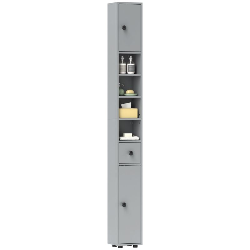 kleankin 180cm Slim Bathroom Cabinet, with Drawer, Shelves and Cupboards - Grey