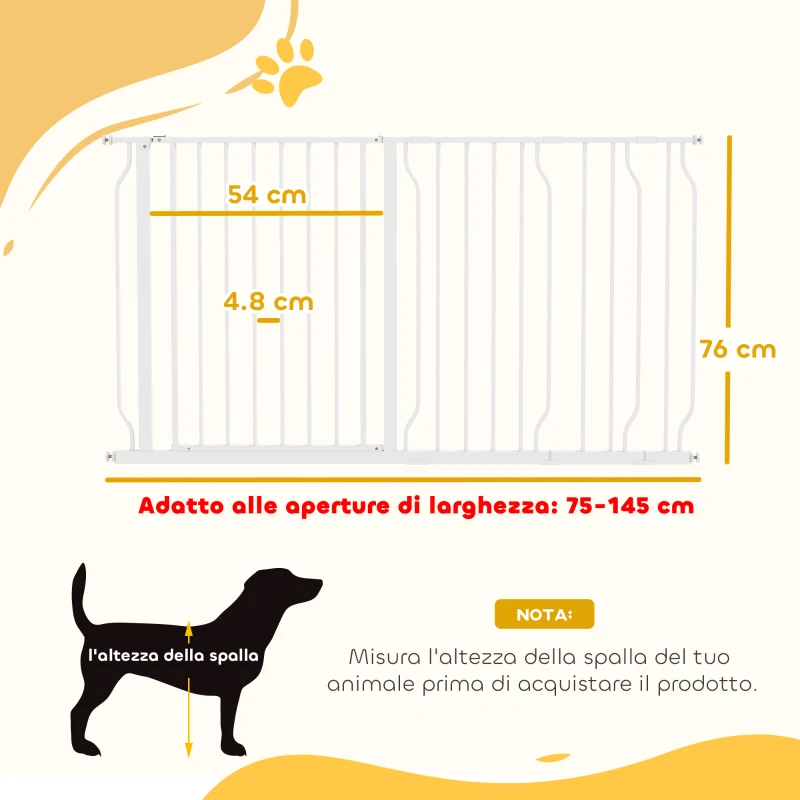 PawHut Cancelletto di Sicurezza per Cani in Acciaio e ABS, Estensibile 75-145cm per Scale e Porte, Bianco