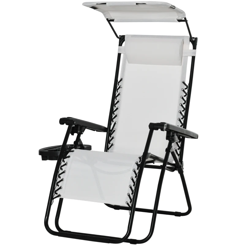 Outsunny Zero Gravity Garden Folding Patio Sun Lounger w/Cup Holder & Canopy Shade White