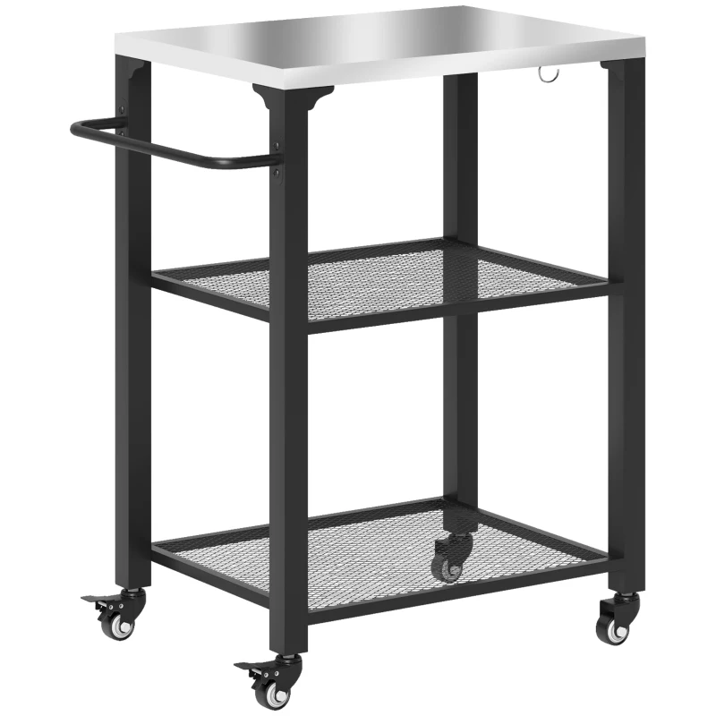 Outsunny Three-Shelf Outdoor Grill Cart with Stainless Steel Top, Outdoor Kitchen Island with 4 Wheels, 3 Hooks, Movable Food Prep Barbecue Pizza Oven Table for Kitchen, Garden, 65.5 x 41 x 79 cm