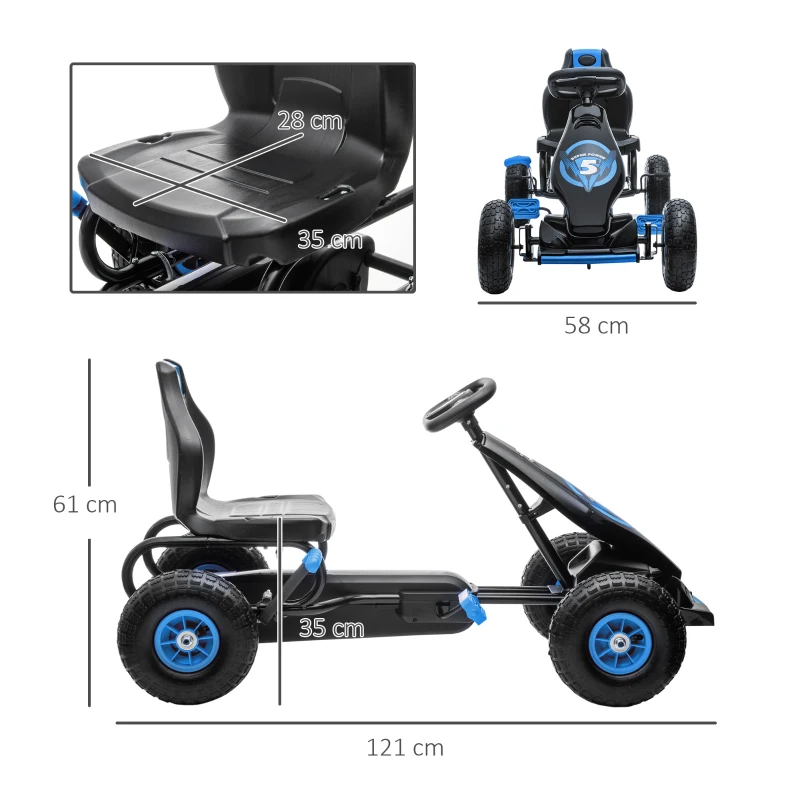 HOMCOM Kart a Pedais para Crianças 5-12 Anos com Assento Ajustável Pneus Insufláveis Amortecimento e Travão de Mão 121x58x61cm Azul