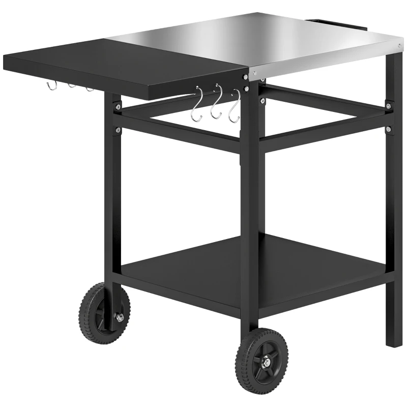 Outsunny BBQ Trolley with Stainless Steel Top and Foldable Side Table, Outdoor Kitchen Barbecue Station with Hooks and Shelf, Pizza Oven Table Movable Outdoor Grill Dining Cart with Cover, Black