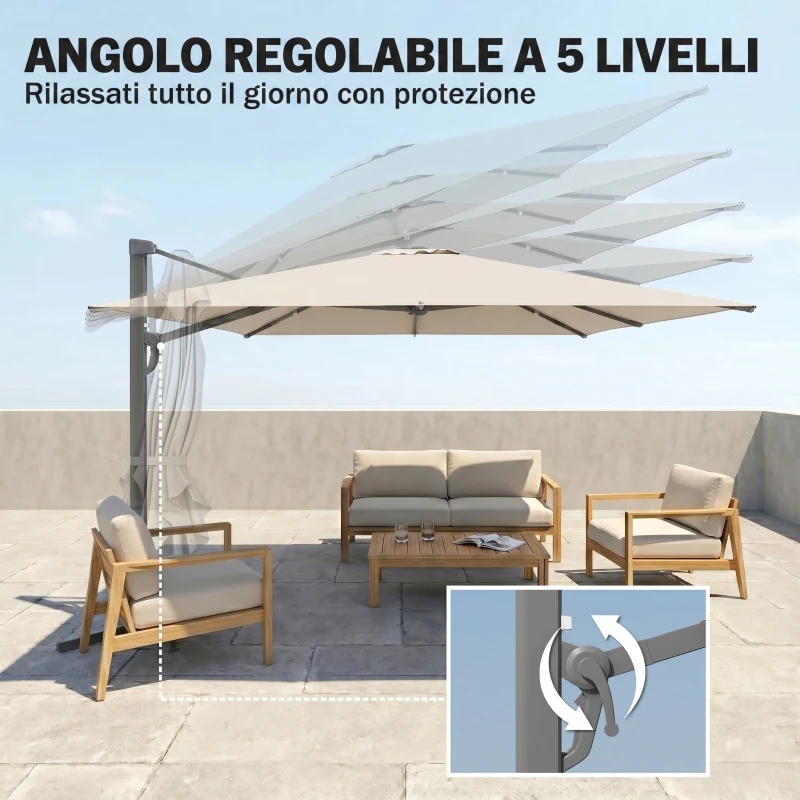 Outsunny Ombrellone a Sbalzo con Manovella e Base a Croce, in Poliestere, Alluminio e Metallo, 365x297x256 cm, Grigio Chiaro