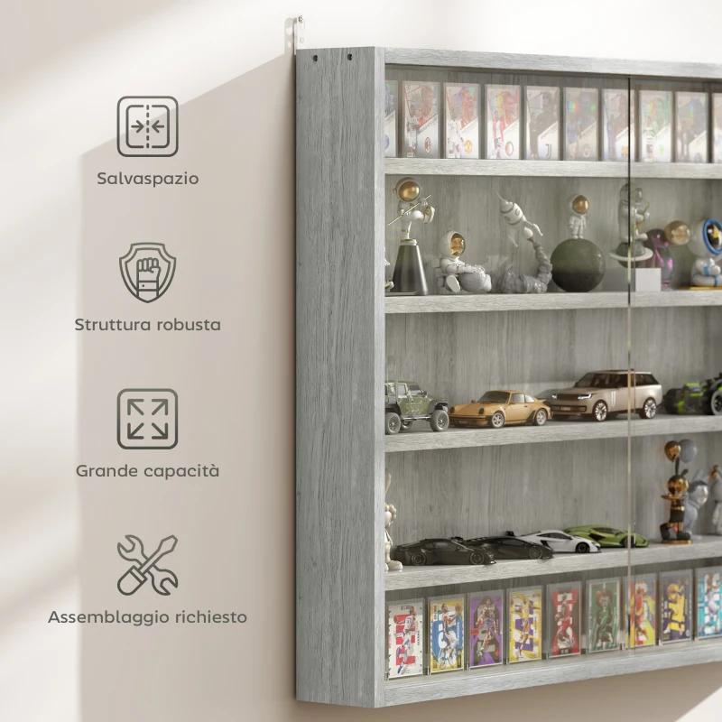 HOMCOM Vetrina per Collezionismo a 4 Ripiani Regolabili in Legno con Ante in Vetro, 80x9.5x60 cm, Grigio