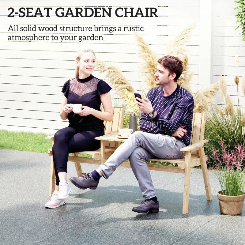 Outsunny 2-Seater Garden Loveseat with Table and Parasol Hole for Porch, Patio, Natural Wood Finish