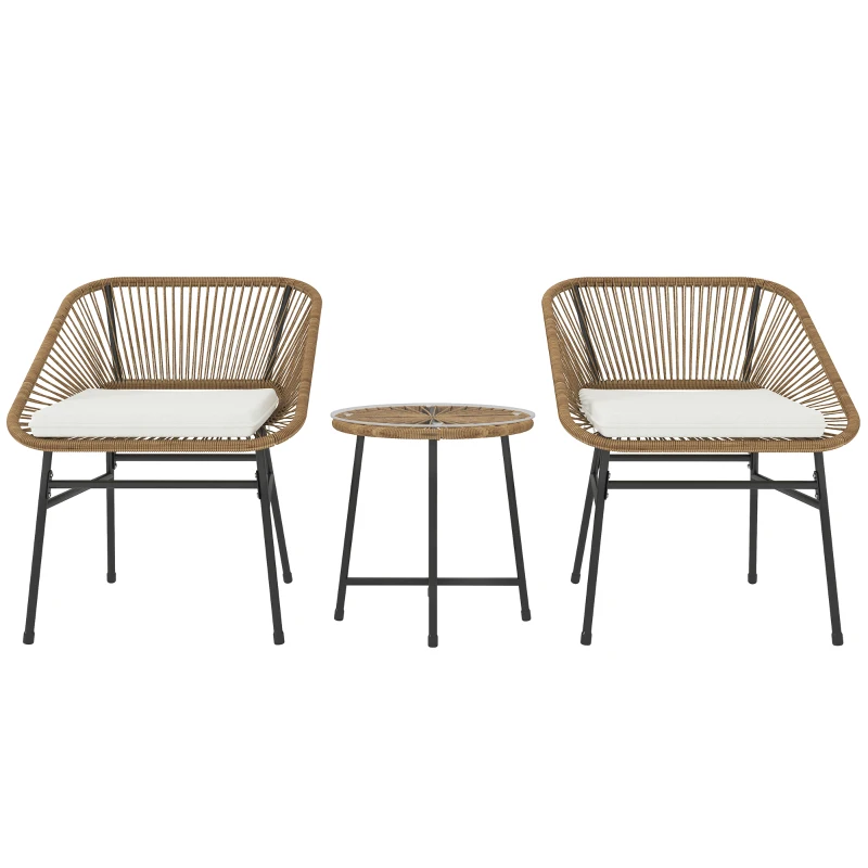 Outsunny 3 Pieces Rattan Bistro Set, Wicker Small Garden Table and Chairs Set with Cushions and Glass Top Coffee Table, Bistro Garden Furniture Set for Outdoor, Patio, Balcony, Natural