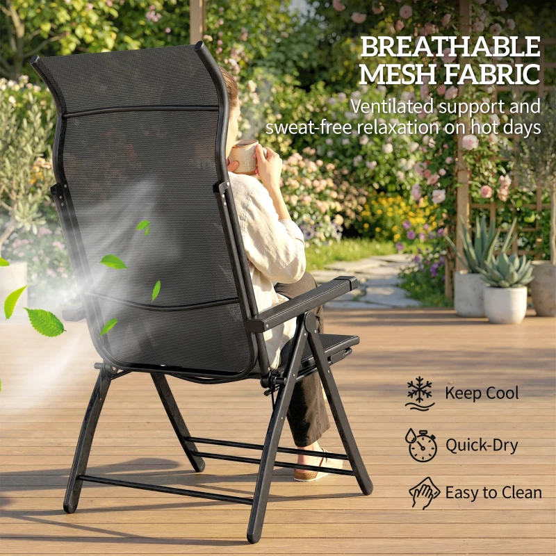 Outsunny Reclining Garden Chairs Set of 2, 5-Position Folding Sun Loungers with High Back, Retractable Footrest, Dark Grey