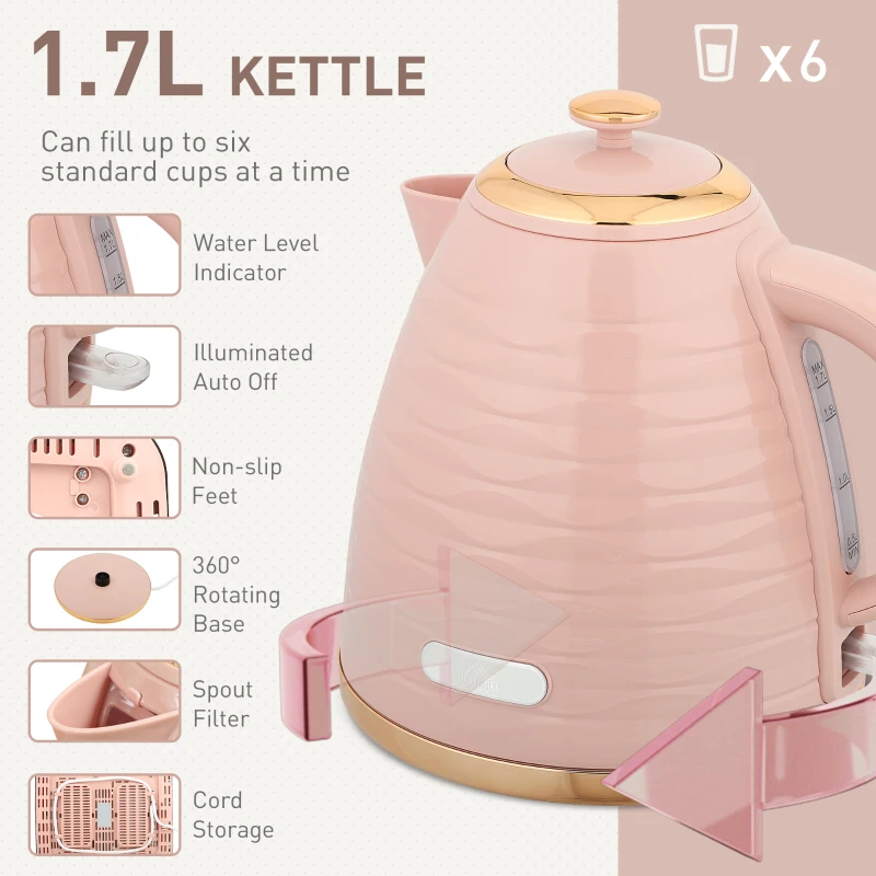 HOMCOM 3000W 1.7L Kettle & 4 Slice Toaster, Kettle and Toaster Set with 7 Browning Controls and Crumb Tray, Light Pink