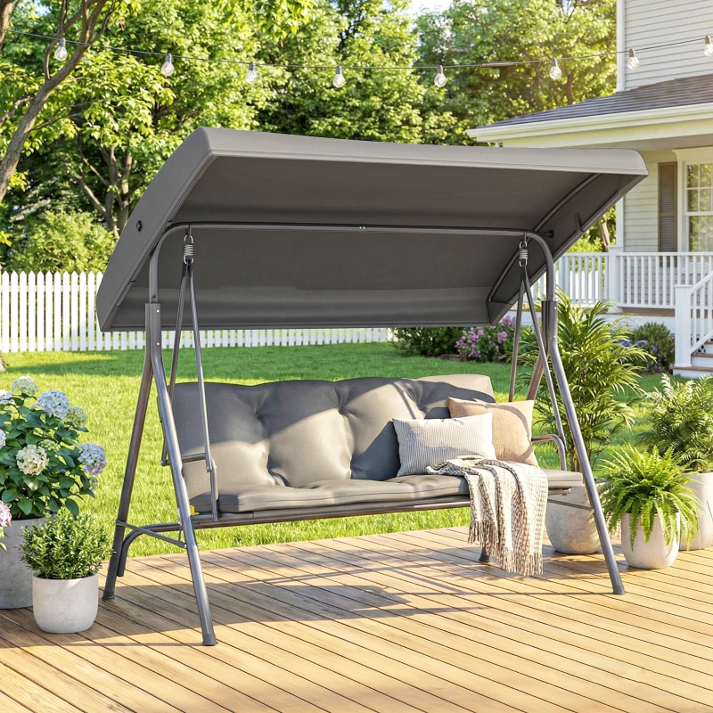 Outsunny 3 Seater Garden Swing Chair, Patio Rocking Bench with Tilting Canopy, Removable Cushion and Steel Frame, Dark Grey