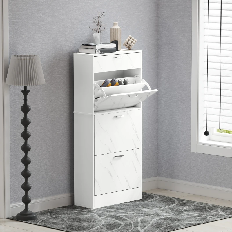 HOMCOM Marble Shoe Storage Cabinet with 3 Flip Drawers, Hallway Cabinet with Top Drawer and Adjustable Shelves, Shoe Cupboard for 18 Pairs, White