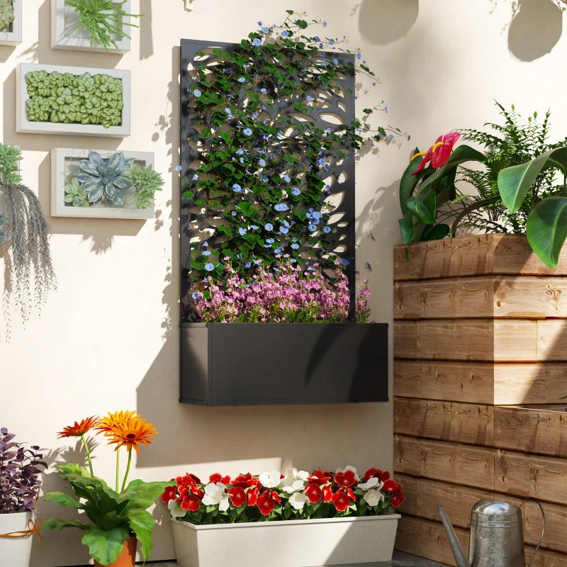 Outsunny Outdoor Metal Planter, with Back Trellis - Black