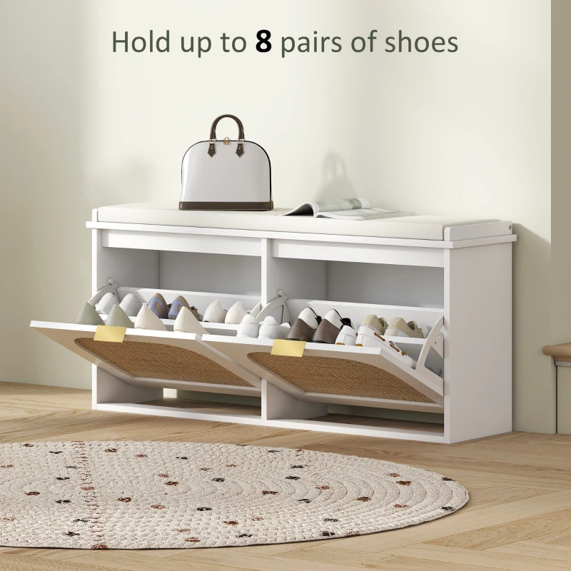 HOMCOM Boho Shoe Bench with Padded Seat and 2 Flip-Drawers - White