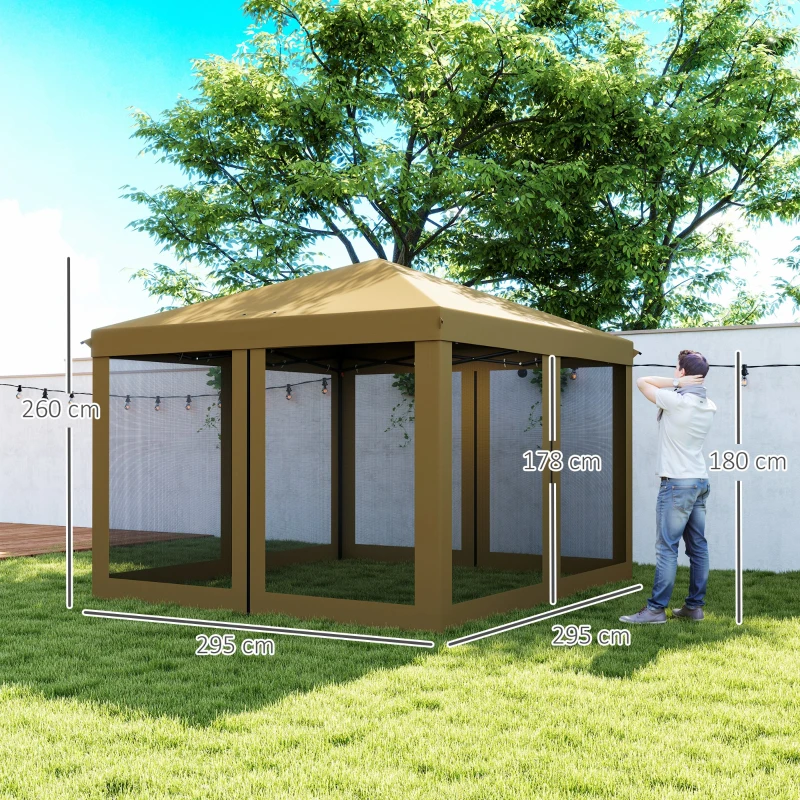 Outsunny 3 x 3 m Pop Up Gazebo, 420D Garden Tent Canopy with Removable Mesh Sidewall Netting, Carry Bag for Garden Patio Outdoor, Khaki