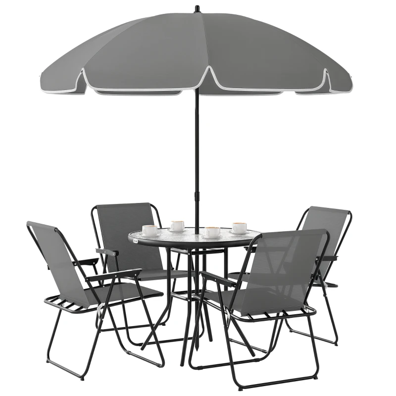Outsunny 4 Seater Garden Furniture Set, 6 Pieces Garden Table and Chairs with Parasol, Outdoor Garden Dining Set with Folding Chairs and Round Glass Top Table for Patio, Grey