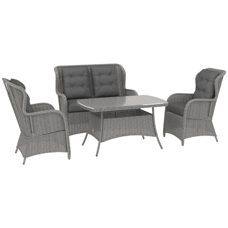 Outsunny Garden PE Rattan Dining Sofa Set, Outdoor 4 Seater Wicker Furniture, High Back Chairs with Cushions, Tempered Glass Coffee Table for Patio, Light Grey