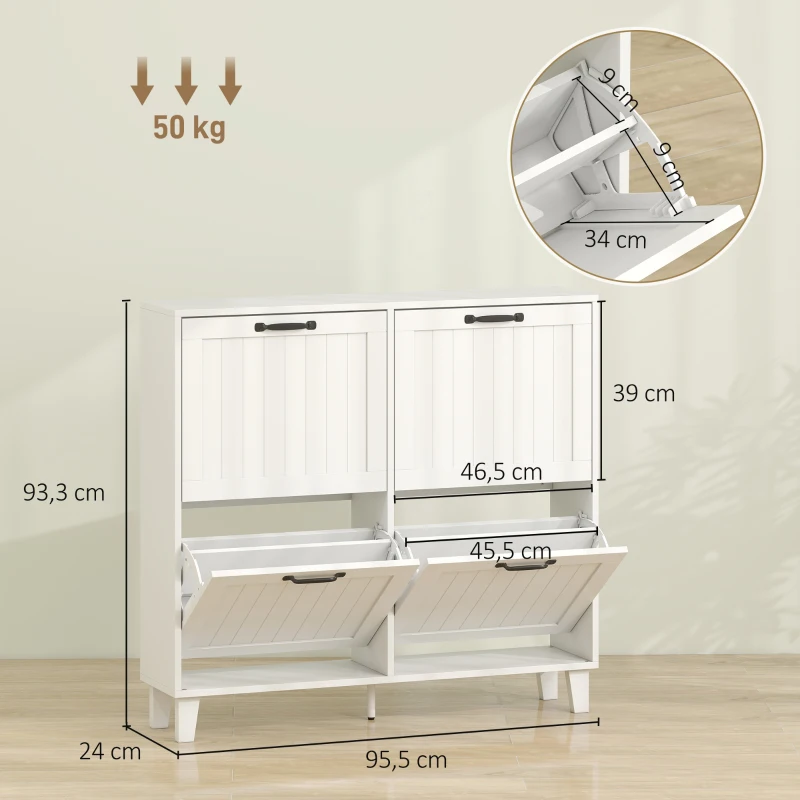 HOMCOM Mueble para Zapatos 4 Cajones Abatibles Ahorraespacio con Estantes Regulables Blanco