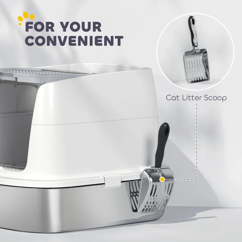 PawHut Large Stainless Steel Litter Box, Enclosed Metal Cat Litter Tray with Scoop, Deodoriser Bag, Front-Entry and Top-Exit