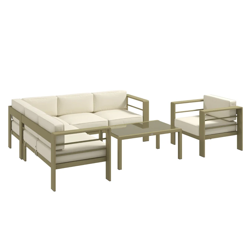 Outsunny 5-Piece Garden Corner Sofa Set with Cushions, 6 Seater Aluminium Garden Furniture Set with Glass Top Coffee Table, Patio Sectional Conservatory Furniture for Patio & Terrace, Gold Tone