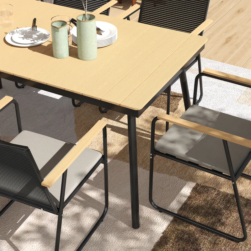 Outsunny 6‑Seater Garden Dining Set with Cushions, Rattan Backrest, Plastic Top, Garden Furniture Set, Natural Wood Finish