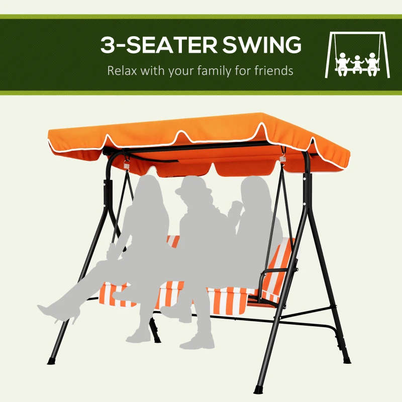 Outsunny Three-Seater Garden Swing Chair, with Adjustable Canopy - Orange Stripe