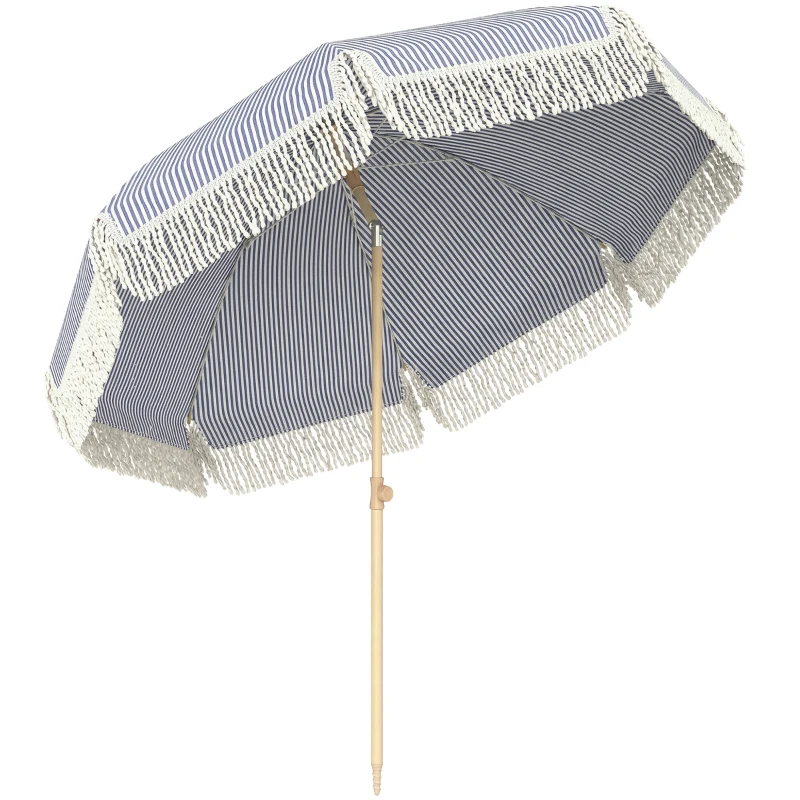 Outsunny 1.7 m Beach Umbrella with Sand Anchor, 30° Tilting Fringed Beach Garden Parasol with Adjustable Height, Blue