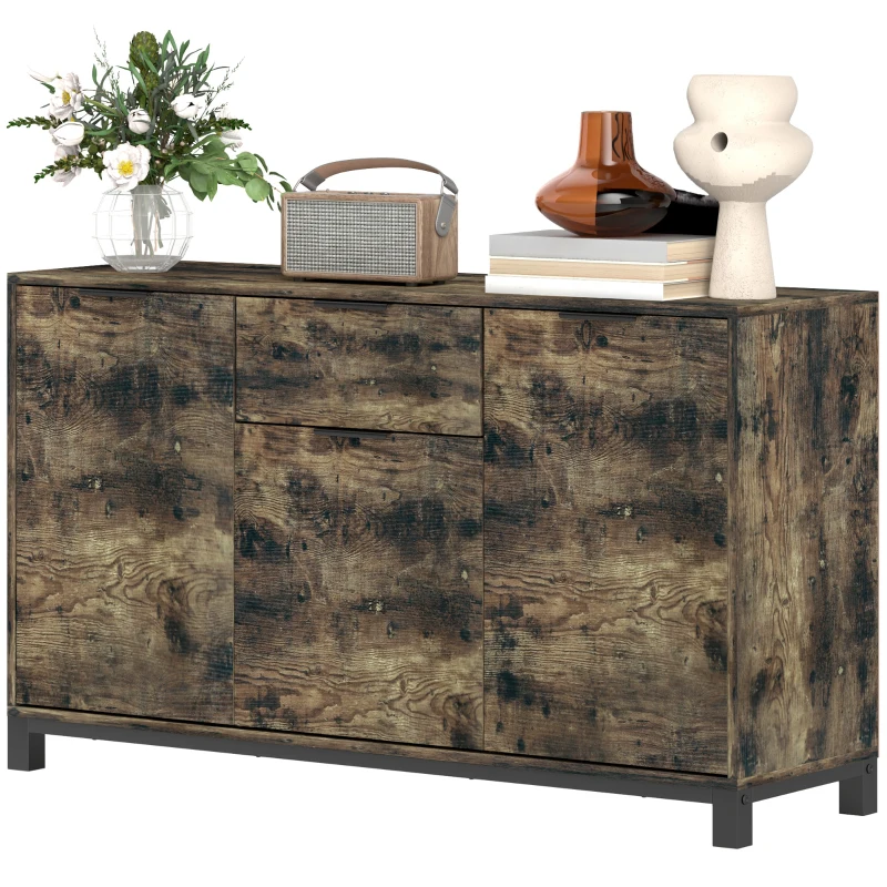 HOMCOM Sideboard, Industrial Storage Cabinet with Doors, Drawer, Cupboard and Adjustable Shelves for Living Room, Dining Room, Hallway, Rustic Brown