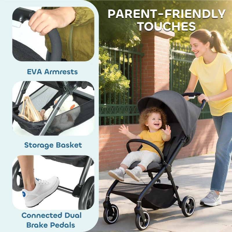 AIYAPLAY Travel Stroller, Lightweight Pushchair, Compact Buggy with Canopy, Basket and Multi-Position Recline, Dark Grey