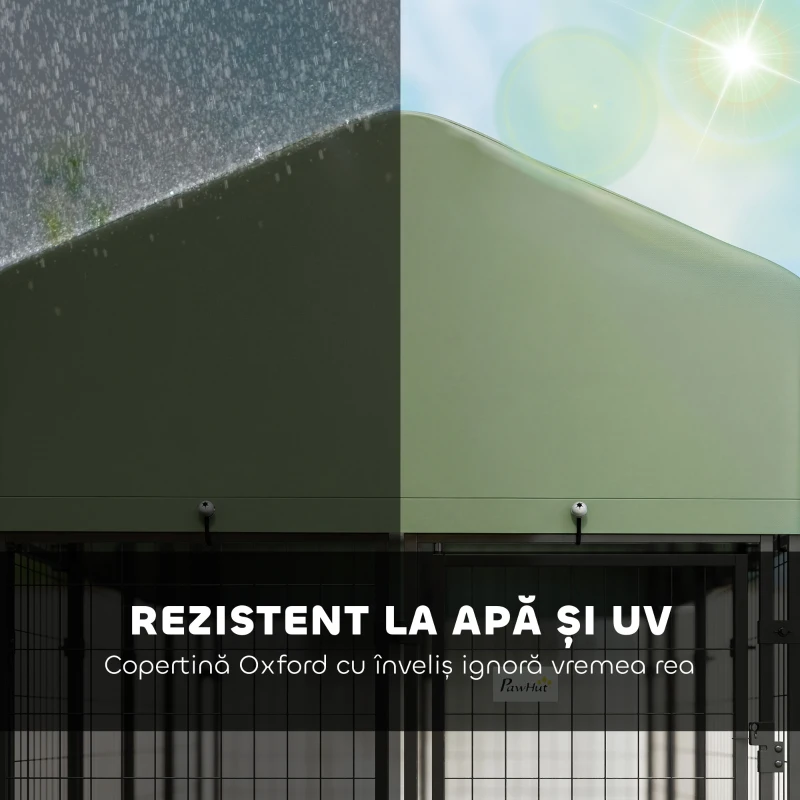 PawHut Țarc pentru Câini de Exterior din Oțel cu Acoperiș din Material Oxford, Anti-UV, Impermeabil, 2 Boluri, Verde