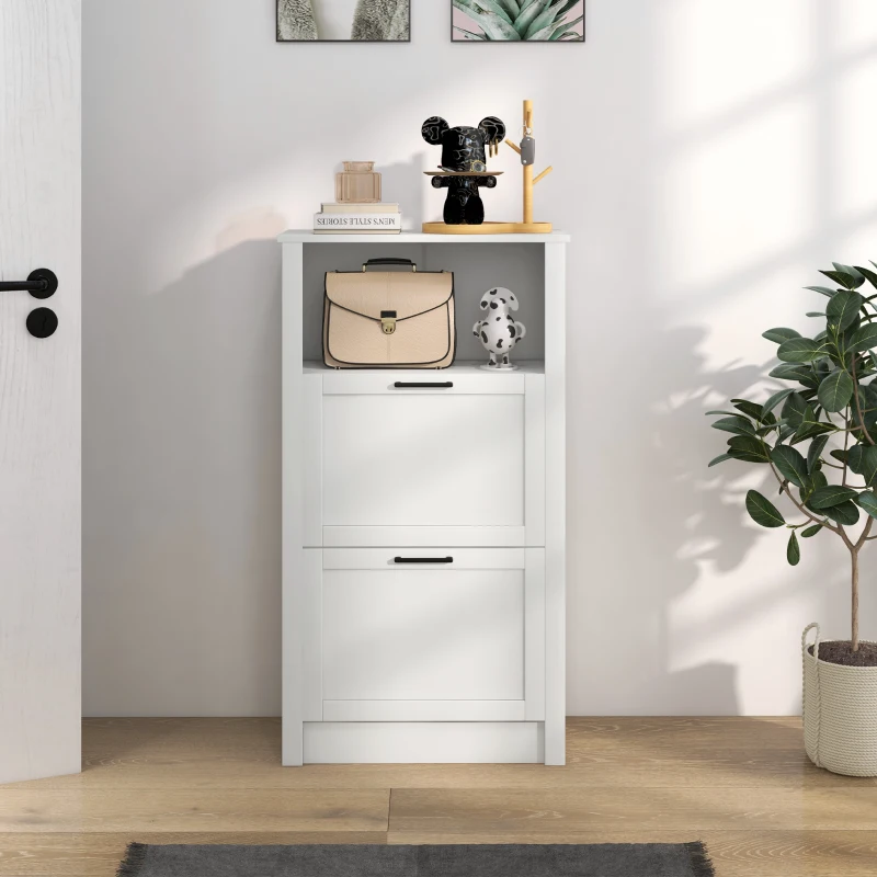 HOMCOM Modern Shoe Cabinet with 2 Flip Drawers and Adjustable Shelves, Narrow Shoe Storage Cabinet with Open Compartment, Holds 10 Pairs for Entryway, Hallway, White